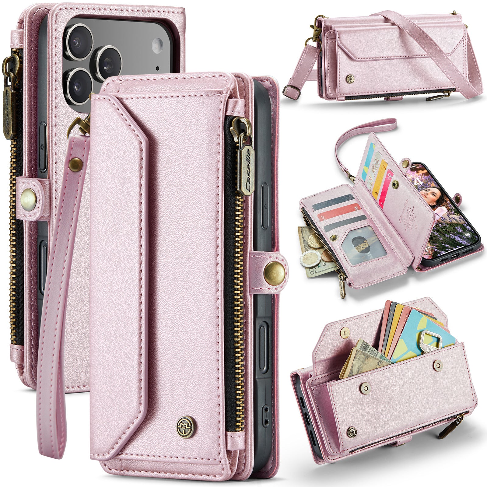 RFID Lanyard Leather Zip Wallet Card Case For iiPhone