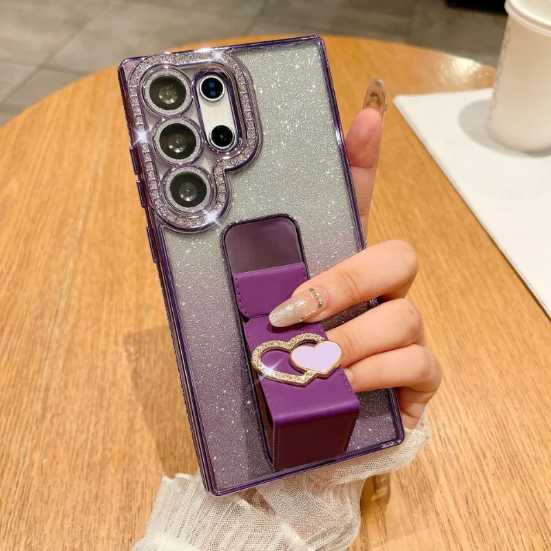 Rhinestone Folding Heart Stand Phone Case For Samsung
