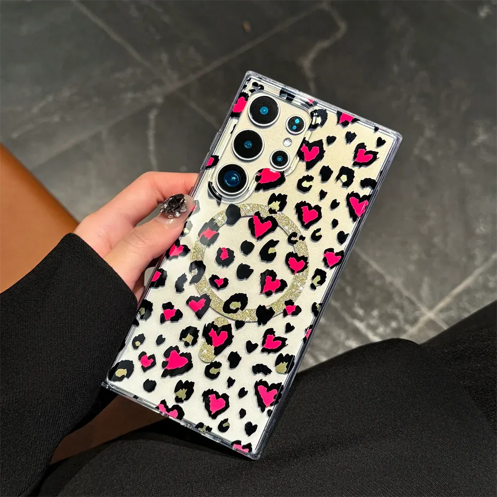 Magsafe Magnetic Slim Heart Shaped Leopard Print Case for Samsung