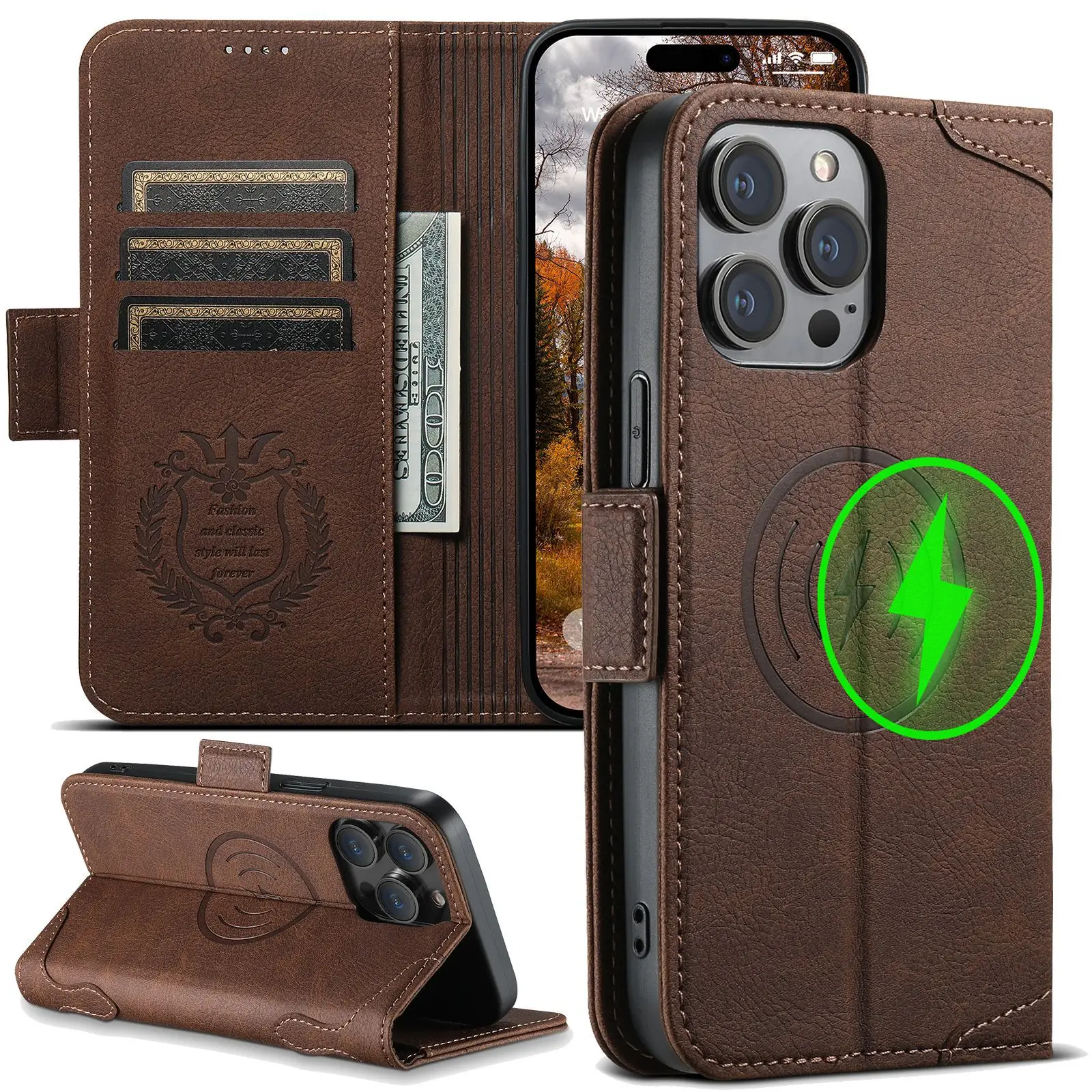 Flip Leather Wallet Magsafe Wireless Charge Cover For iPhone