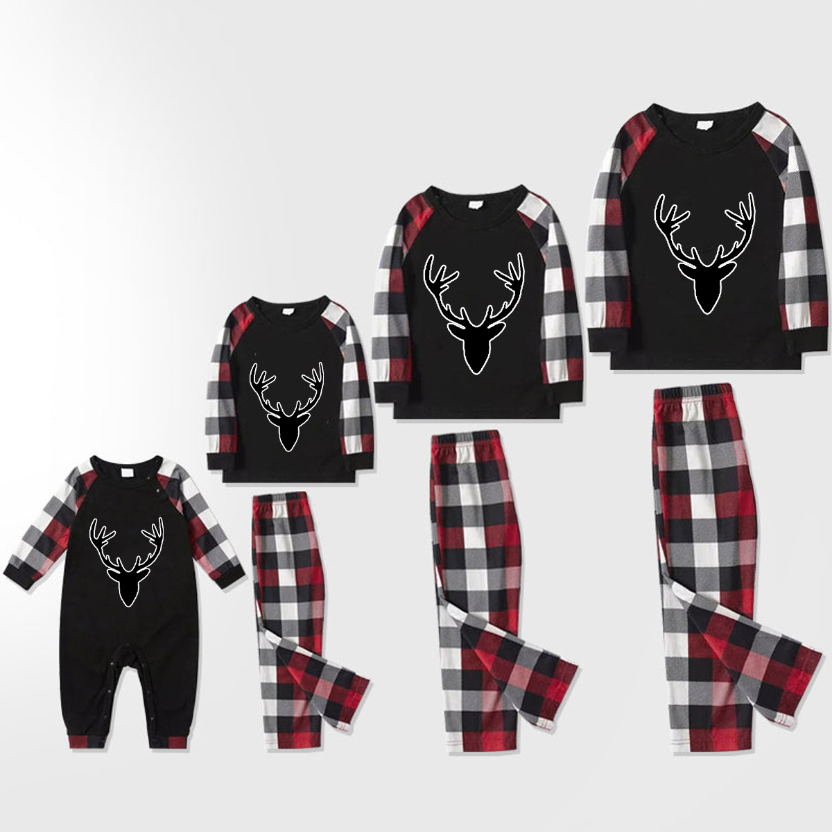 Christmas Cute Cartoon Deer Prints and simple Prints Contrast Tops and Red & Black & White Plaid Pants Family Matching Pajamas Set With Dog Bandana