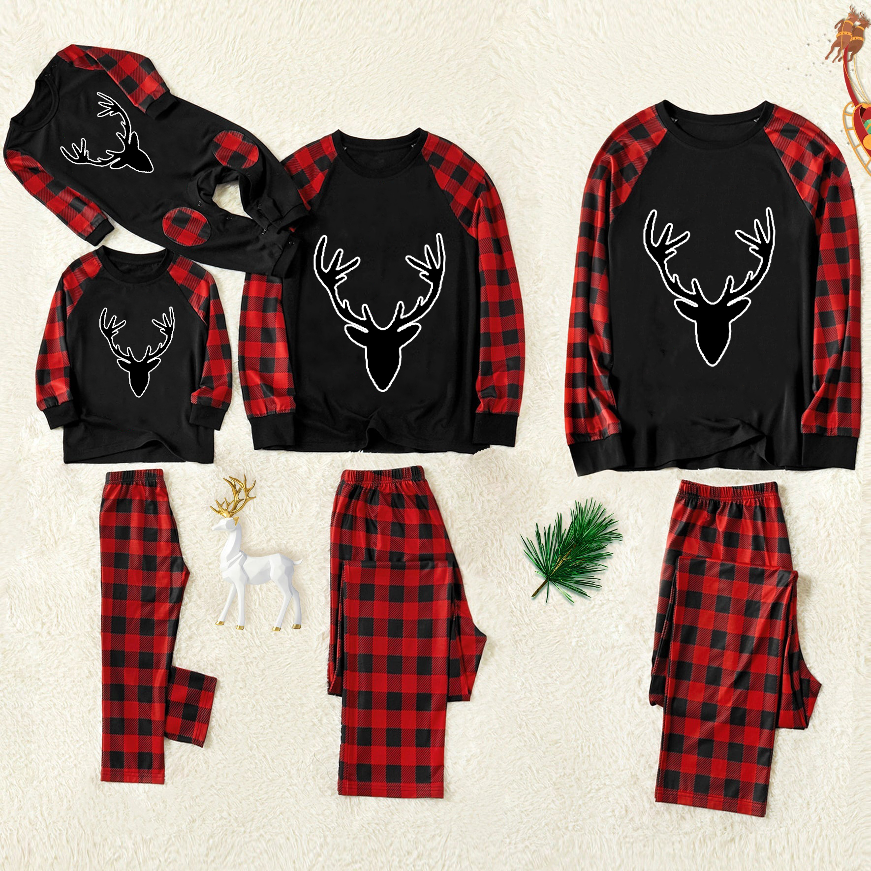 Christmas Cute Cartoon Deer Prints and simple Prints Contrast Black top and Black & Red Plaid Pants Family Matching Pajamas Set With Dog Bandana