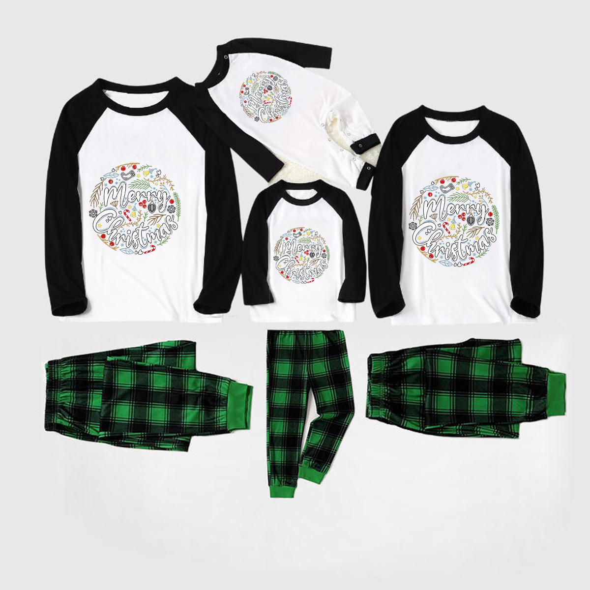 Family Look Pajamas Christmas pajamas, "Merry Christmas" letter print, patchwork top and green plaid pants