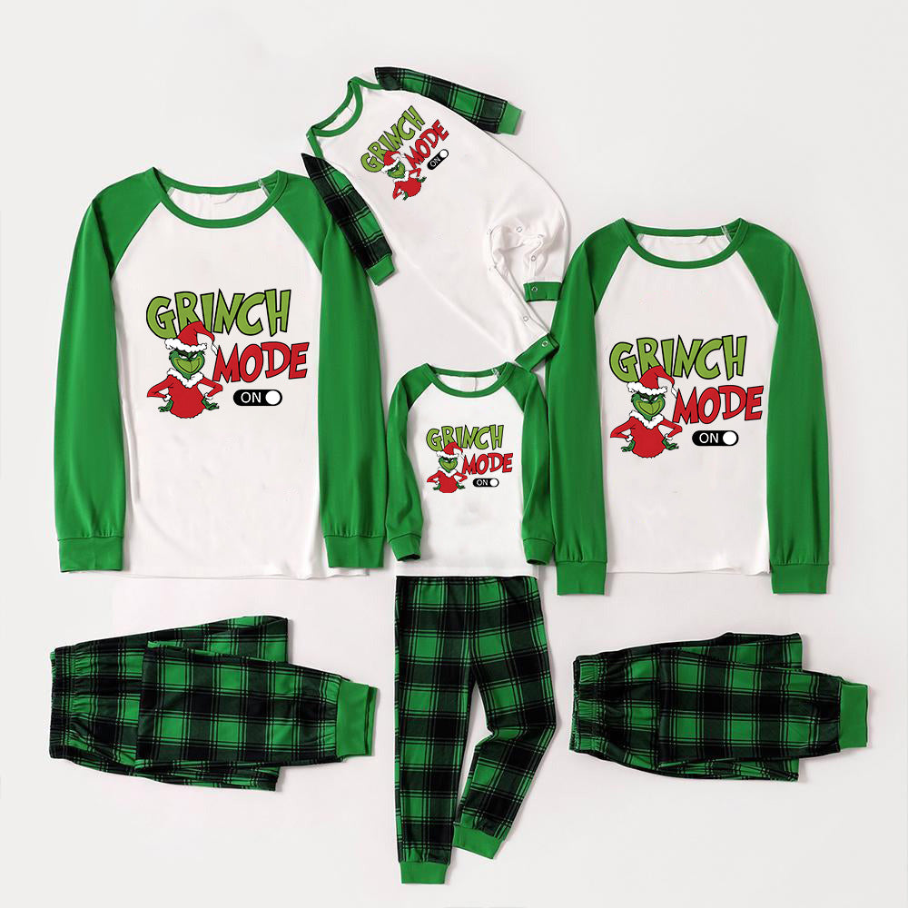 Cute Cartoon Funny Christmas Patterned and 'MODE ON' Letter Print Sweatshirts Green Contrast Tops and Black and Gren Plaid Pants Family Matching Raglan Long-sleeve Pajamas Sets