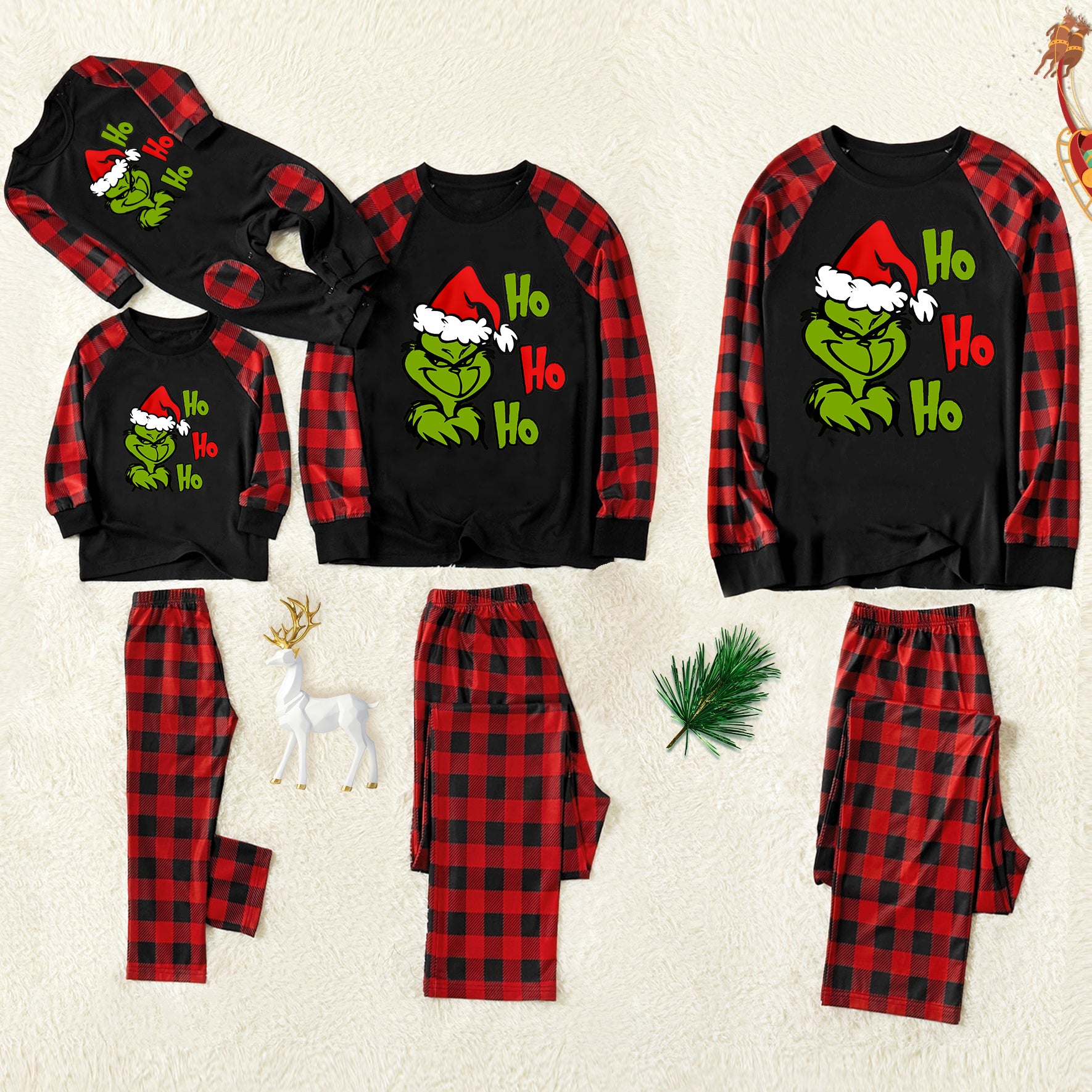 Christmas Cute Cartoon and ‘HO HO HO’ Letter Print Contrast Black top and Black & Red Plaid Pants Family Matching Pajamas Set With Dog Bandana