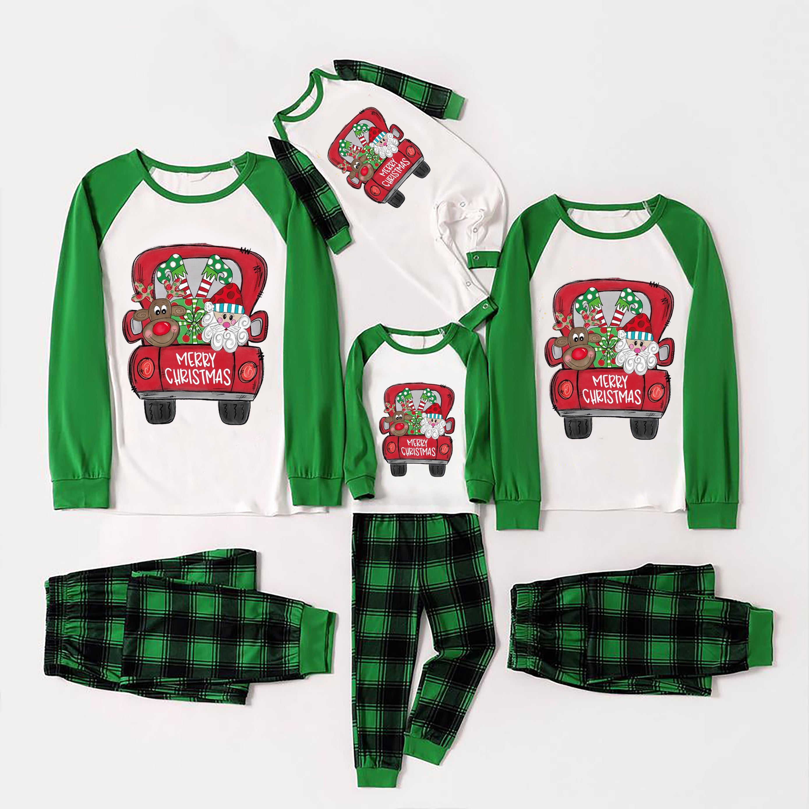 Christmas Cute Cartoon Santa Christmas Gift Truck Patterned and 'MERRY CHRISTMAS  ' Letter Print Contrast Tops and Black and Gren Plaid Pants  Family Matching Raglan Long-sleeve Pajamas Sets