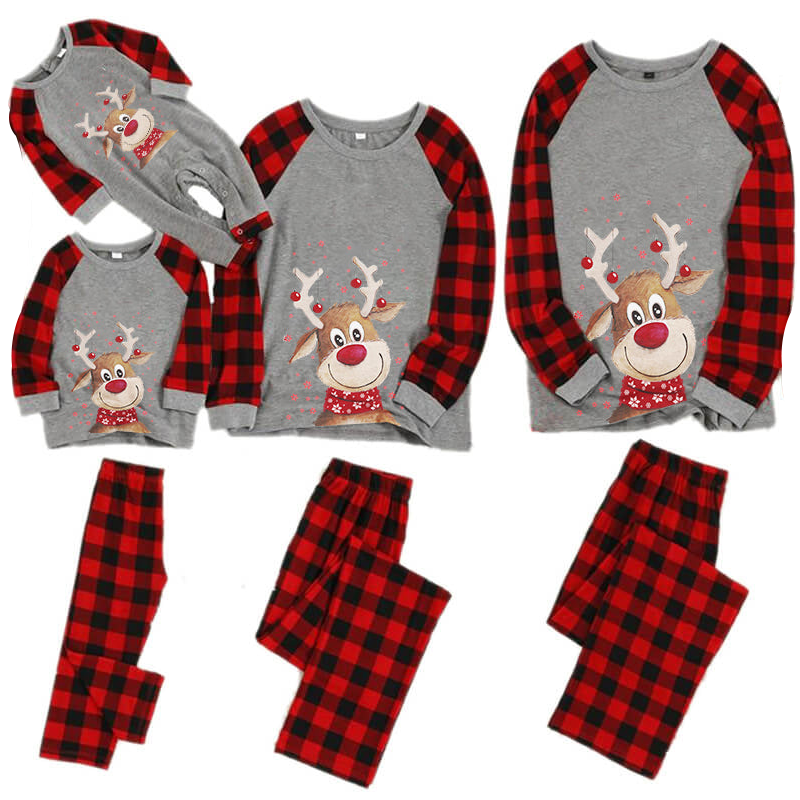 Christmas Cartoon Deer Contrast top and Plaid Pants Family Matching Pajamas Set With Dog Bandana