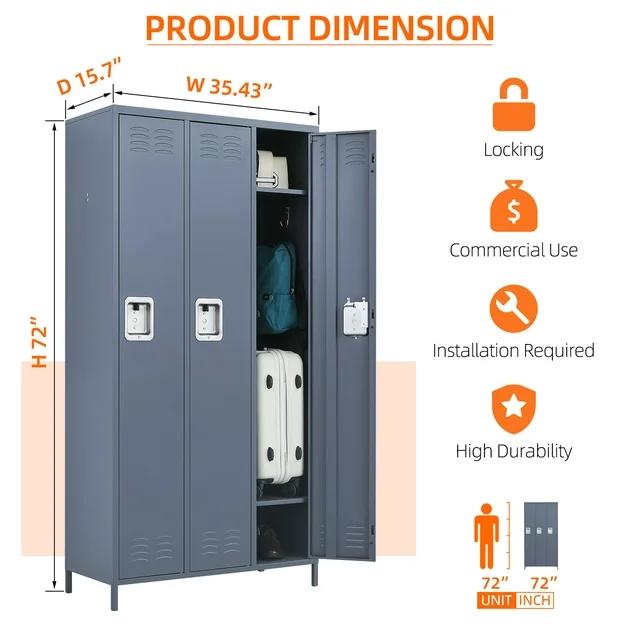 Yizosh Metal Storage Locker Combination,Metal Locker with 6 Hooks&3 Doors,Steel Storage Locker Cabinet for Employees School Office Gym Home,Assembly Required(Dark Grey)