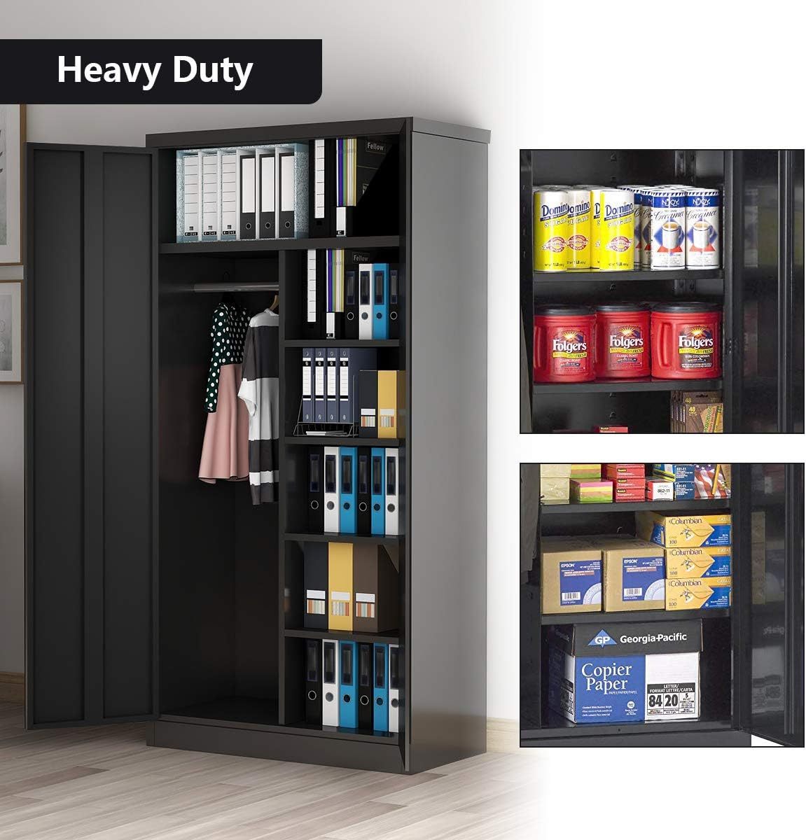 Yizosh 71" Metal Storage Cabinet,Lockable Storage Wardrobe Adjustable Shelves and Hanging Rod, Single Handle Metal Modern Cabinet for Home Office, Assembly Required