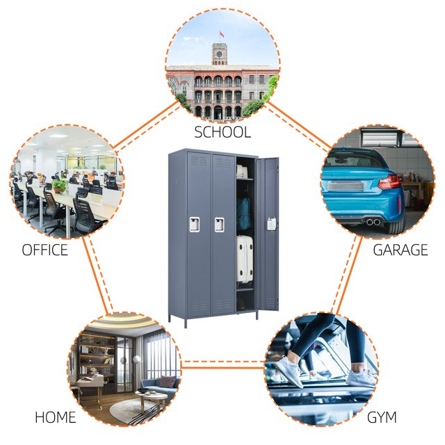 Yizosh Metal Storage Locker Combination,Metal Locker with 6 Hooks&3 Doors,Steel Storage Locker Cabinet for Employees School Office Gym Home,Assembly Required(Dark Grey)