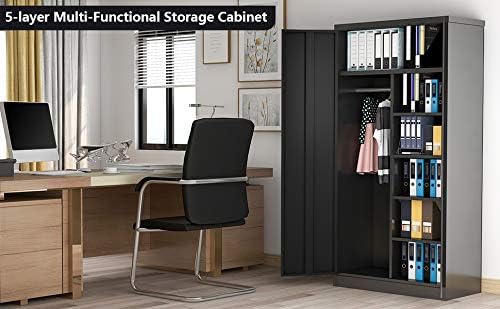 Yizosh 71" Metal Storage Cabinet,Lockable Storage Wardrobe Adjustable Shelves and Hanging Rod, Single Handle Metal Modern Cabinet for Home Office, Assembly Required