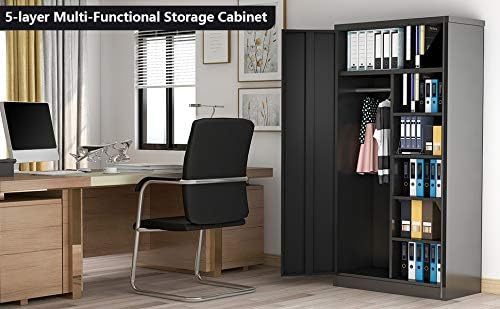 Yizosh 71" Metal Storage Cabinet,Lockable Storage Wardrobe Adjustable Shelves and Hanging Rod, Single Handle Metal Modern Cabinet for Home Office, Assembly Required