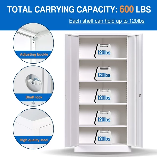 Yizosh 71 Inches Tall Metal Storage Garage Cabinets with Locking Doors and Adjustable Shelves, Steel Storage Cabinet for Garage, Office, Classroom, Assemble Required(White)