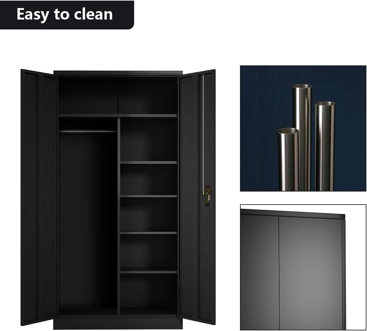 Yizosh 71" Metal Storage Cabinet,Lockable Storage Wardrobe Adjustable Shelves and Hanging Rod, Single Handle Metal Modern Cabinet for Home Office, Assembly Required