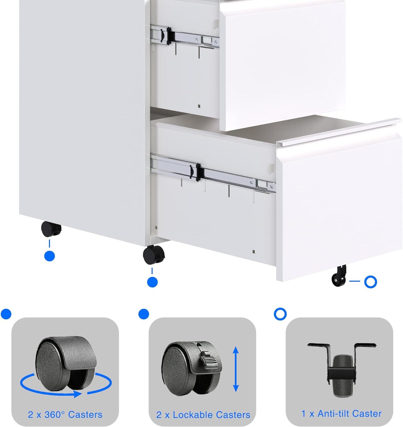 Mobile File Cabinet, 14.96 Inches Wide 2 Drawer White