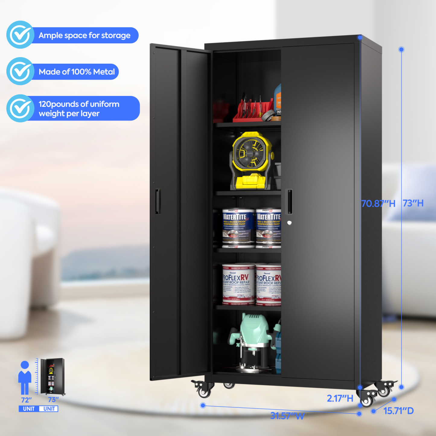 73"H Garage Storage Cabinet with Wheels-Black