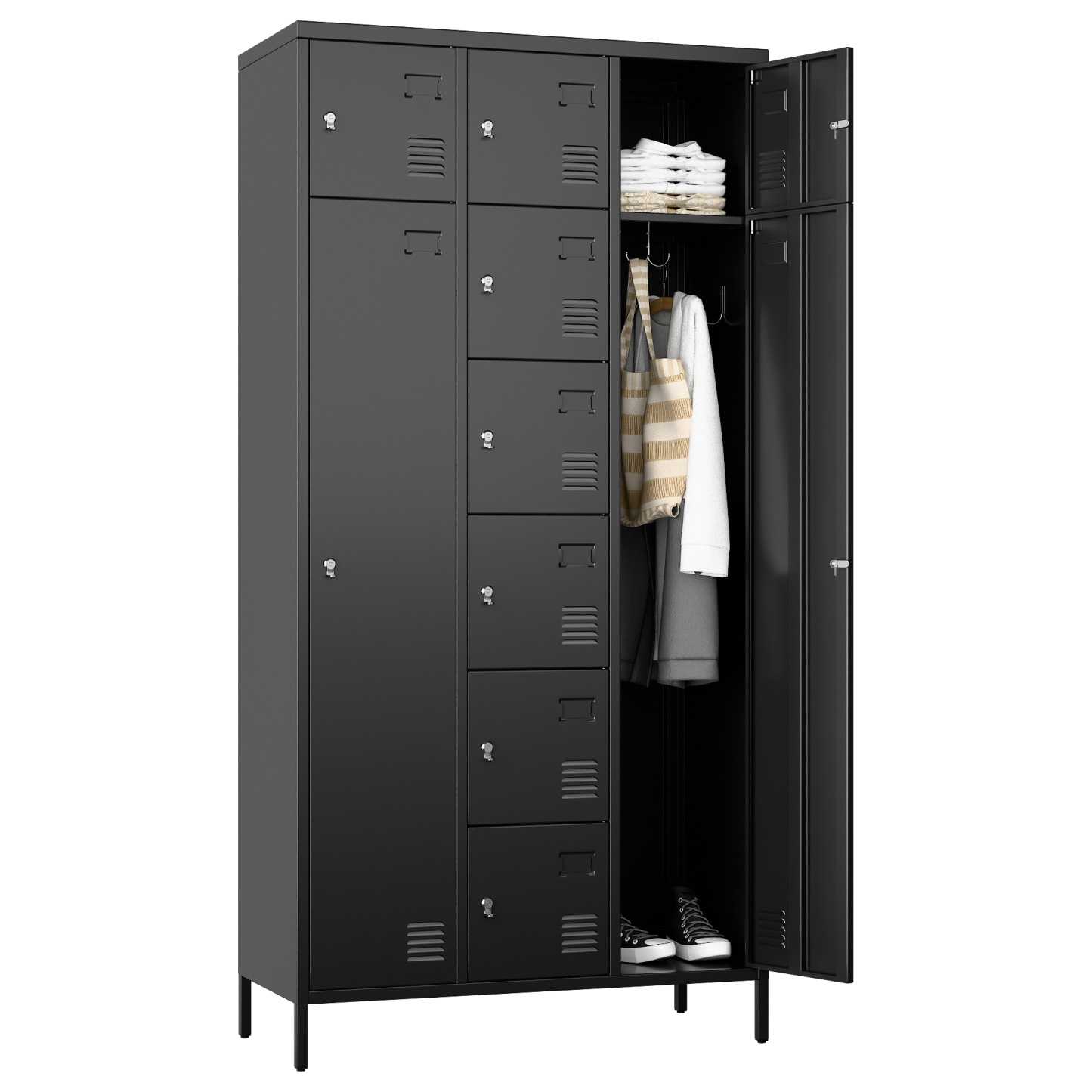 72" H Metal Storage Lockers with 10 Doors，2 Big Doors and 8 Small Doors， Black