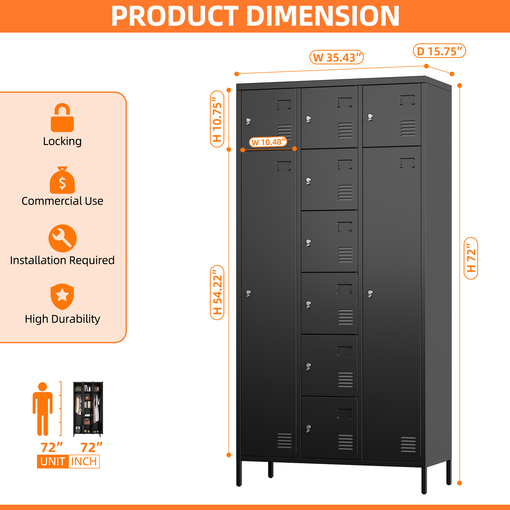72" H Metal Storage Lockers with 10 Doors，2 Big Doors and 8 Small Doors， Black