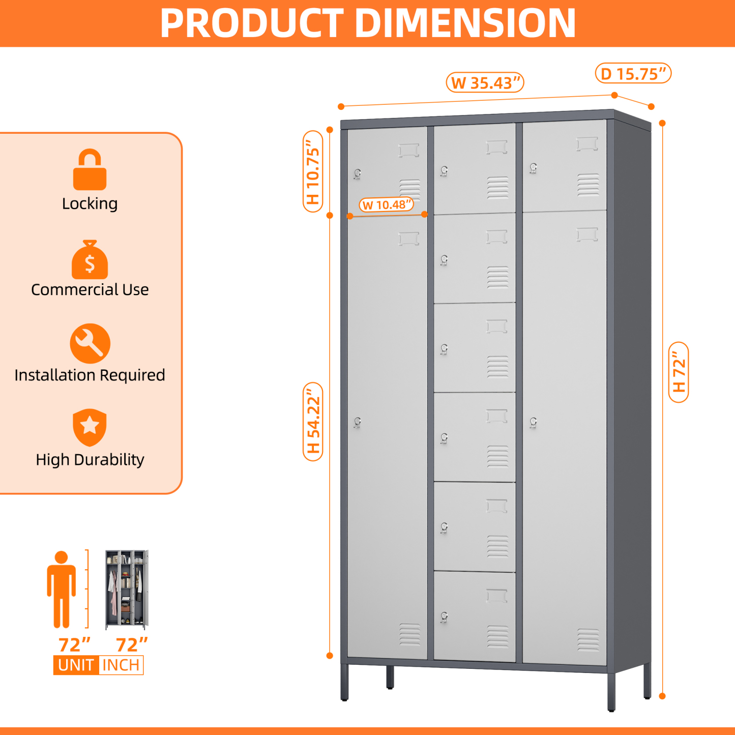 72" H Metal Storage Lockers with 10 Doors，2 Big Doors and 8 Small Doors，Grey&White