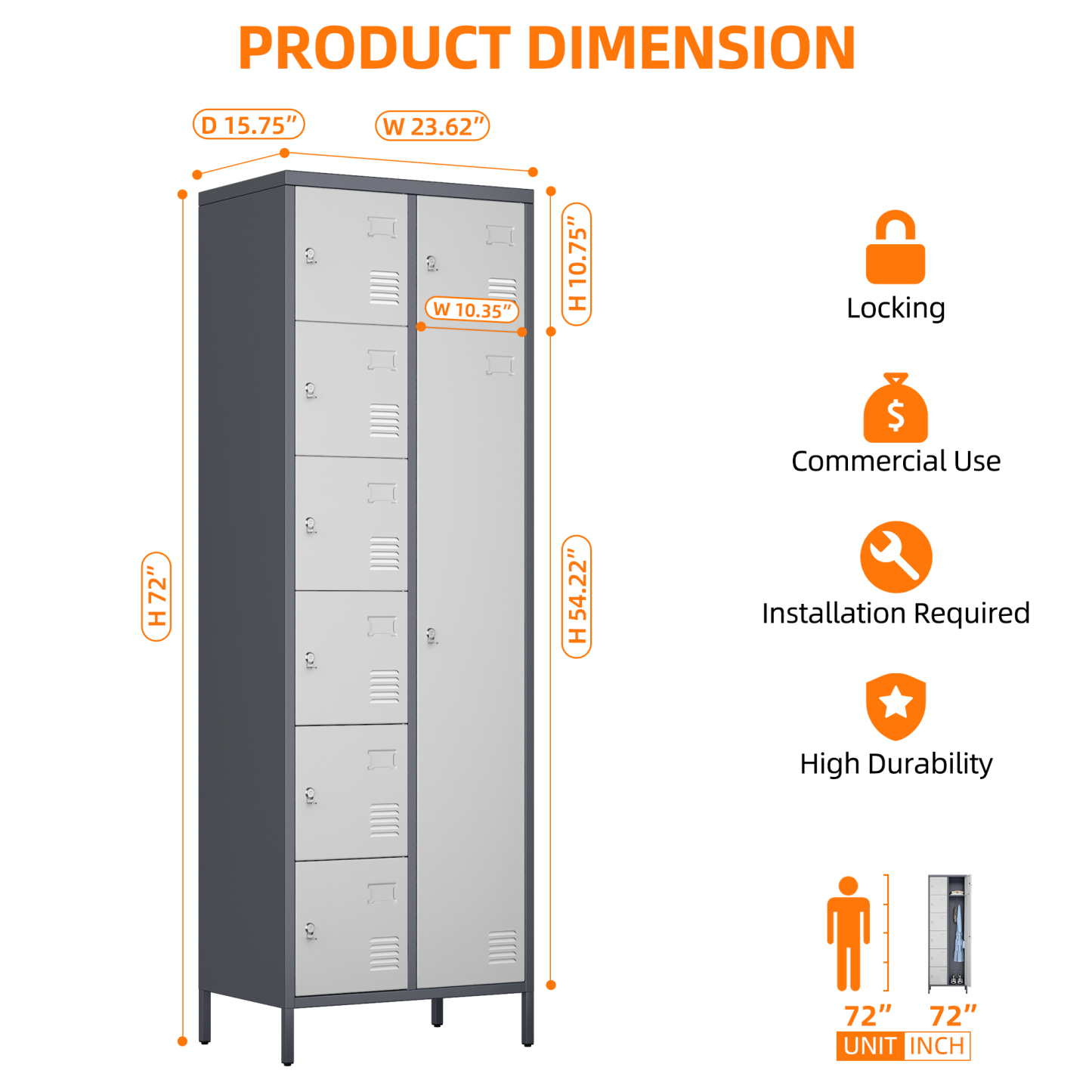 72" H Metal Storage Lockers with 8 Doors,Grey&White,(7 Small +1 Big Doors)