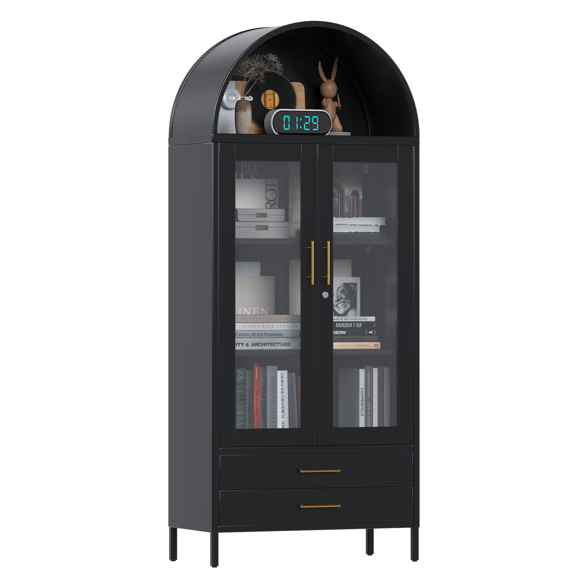 Black Metal Arched Cabinet with Glass Doors and 2 Drawers