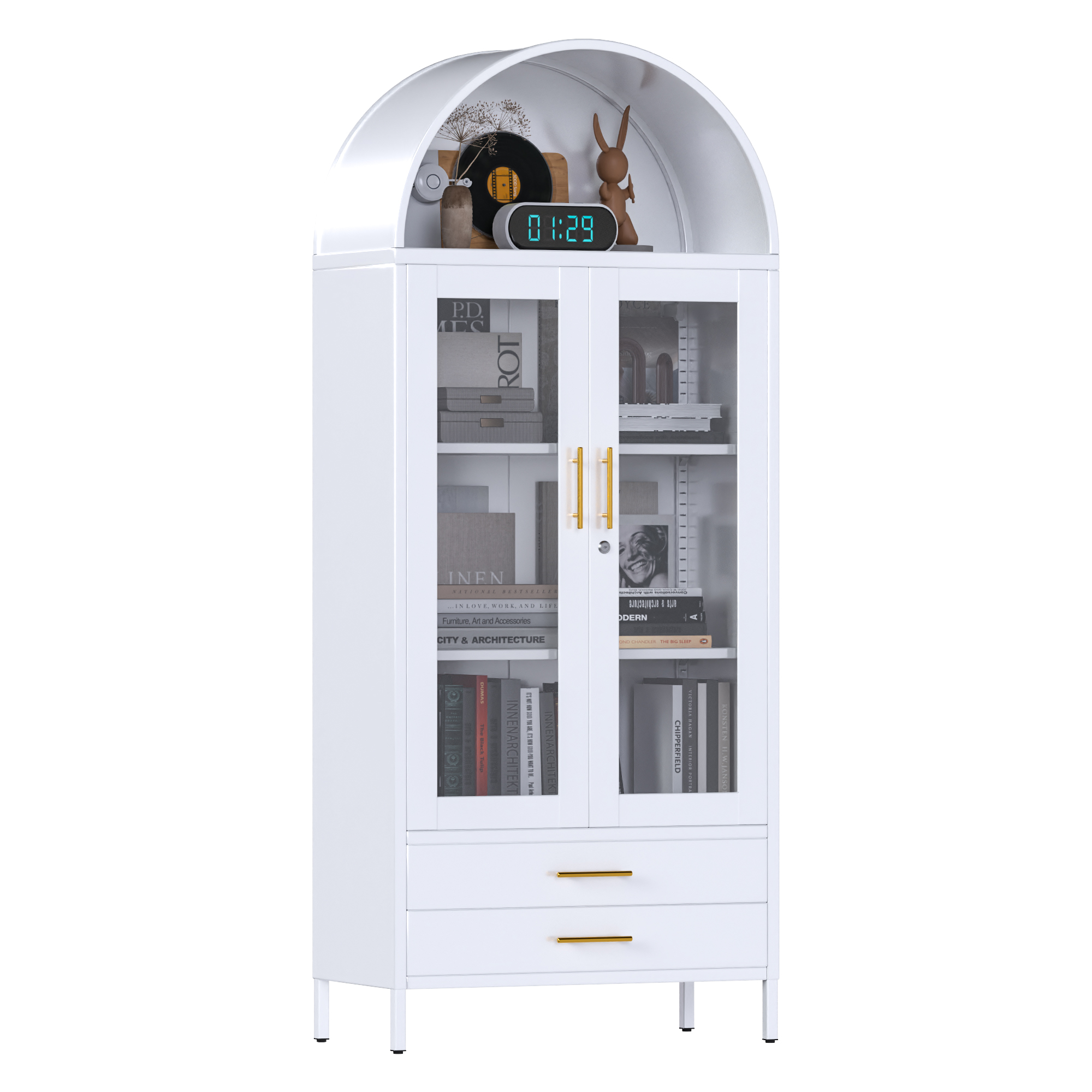 White Metal Arched Cabinet with Glass Doors and 2 Drawers