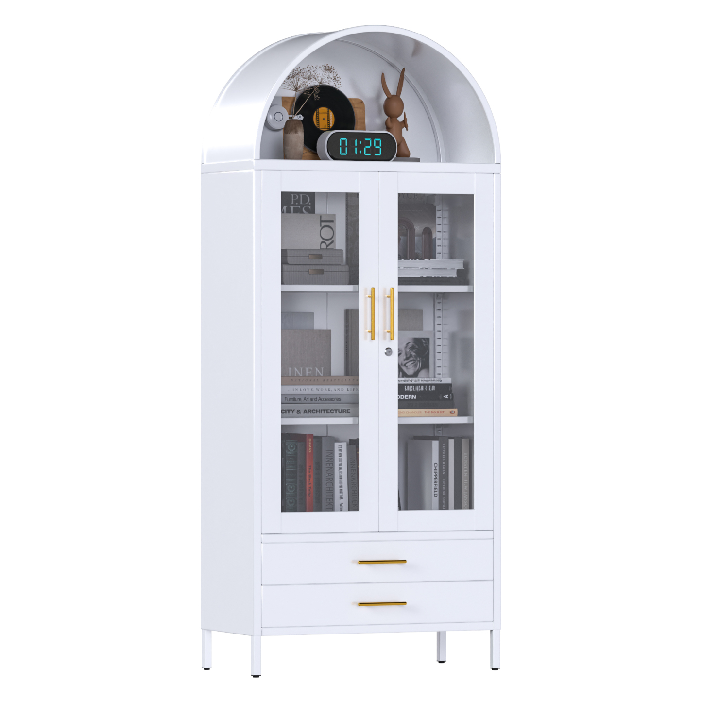 White Metal Arched Cabinet with Glass Doors and 2 Drawers