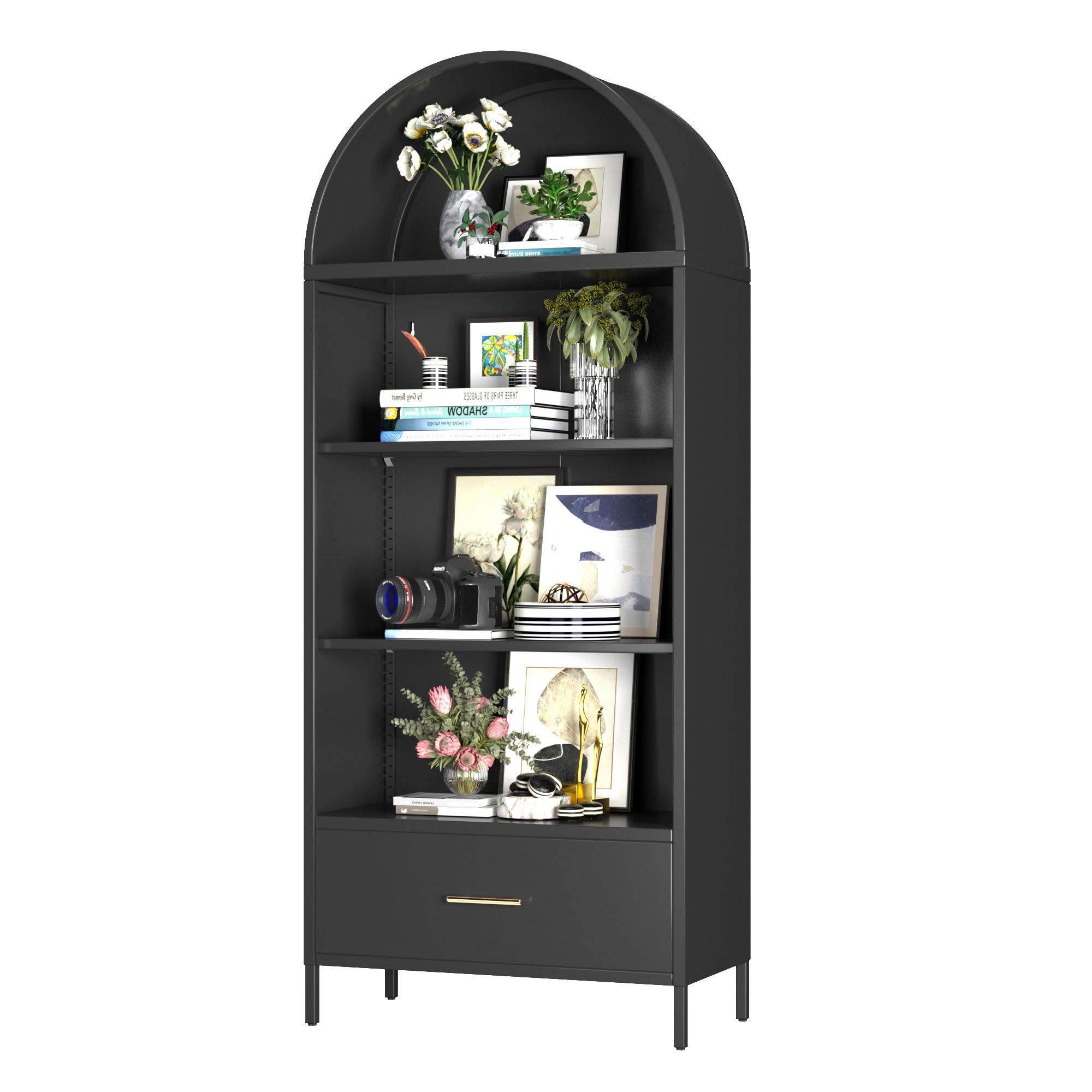 Black Metal Display Arched Cabinet with Drawer, Assembly Required,Black