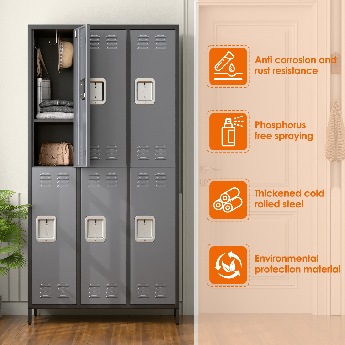 Aobabo Metal Storage Locker (6 Door-Black&Grey)