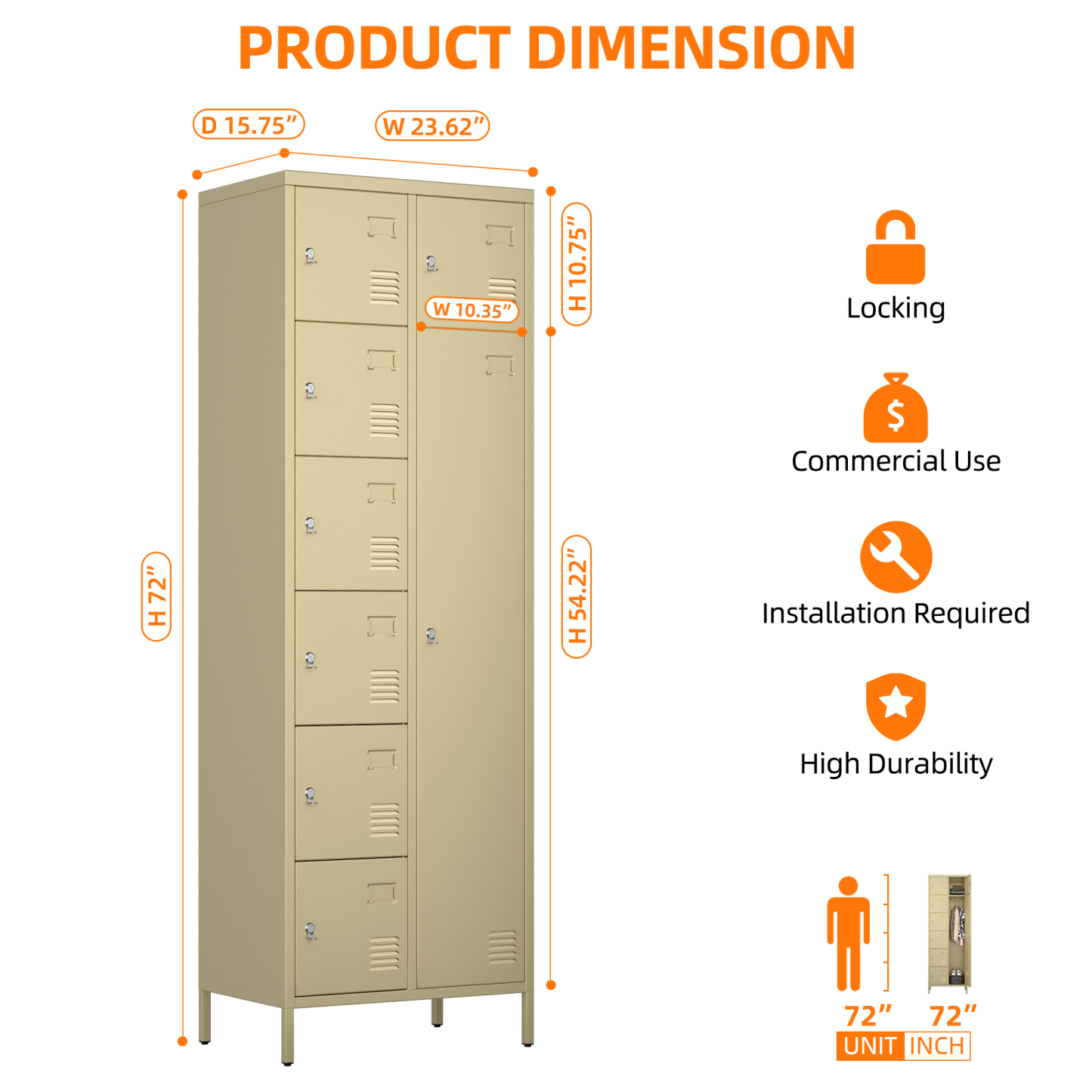 72" H Metal Storage Lockers with 8 Doors(7 Small +1 Big Doors),Camel