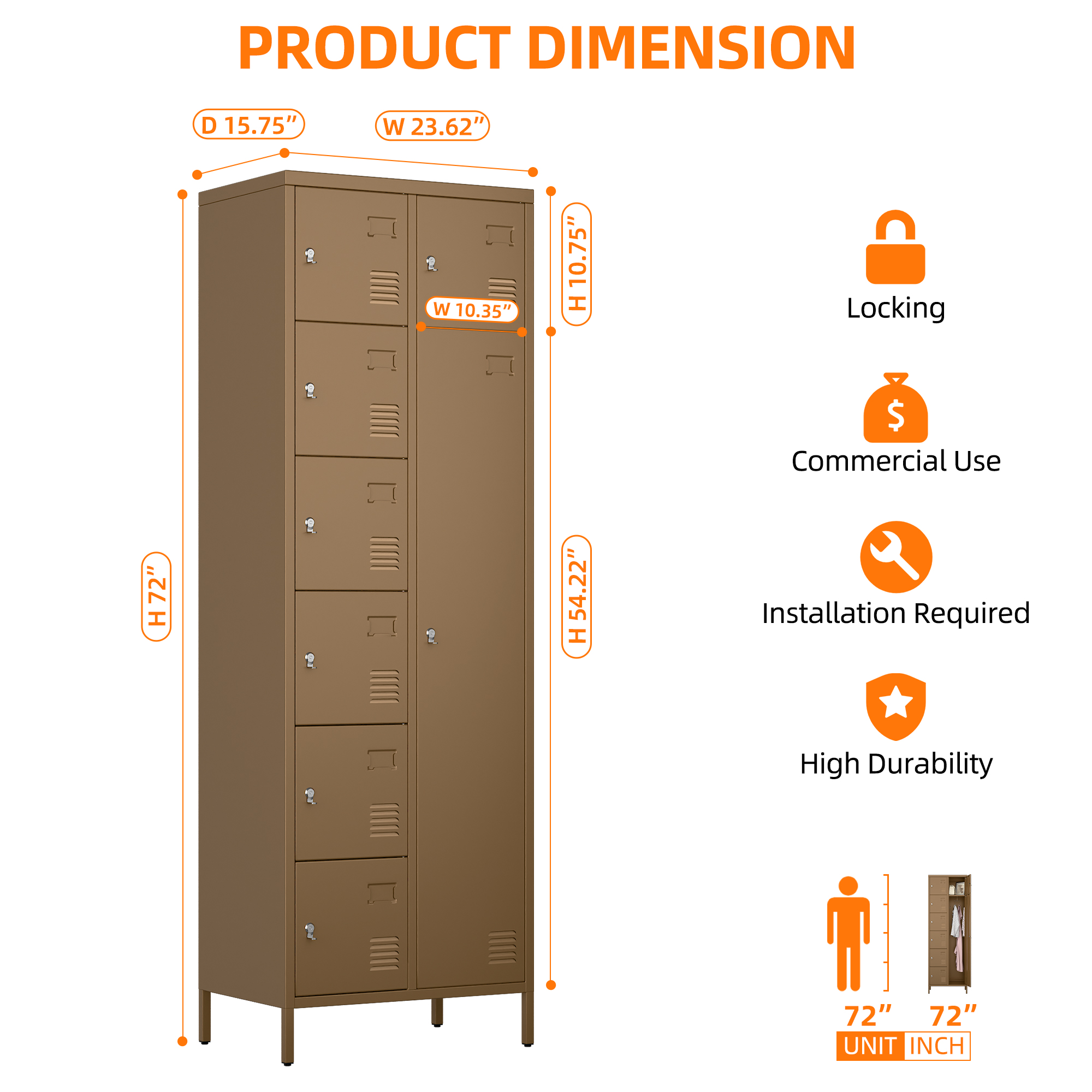72" H Metal Storage Lockers with 8 Doors(7 Small +1 Big Doors),Coffee