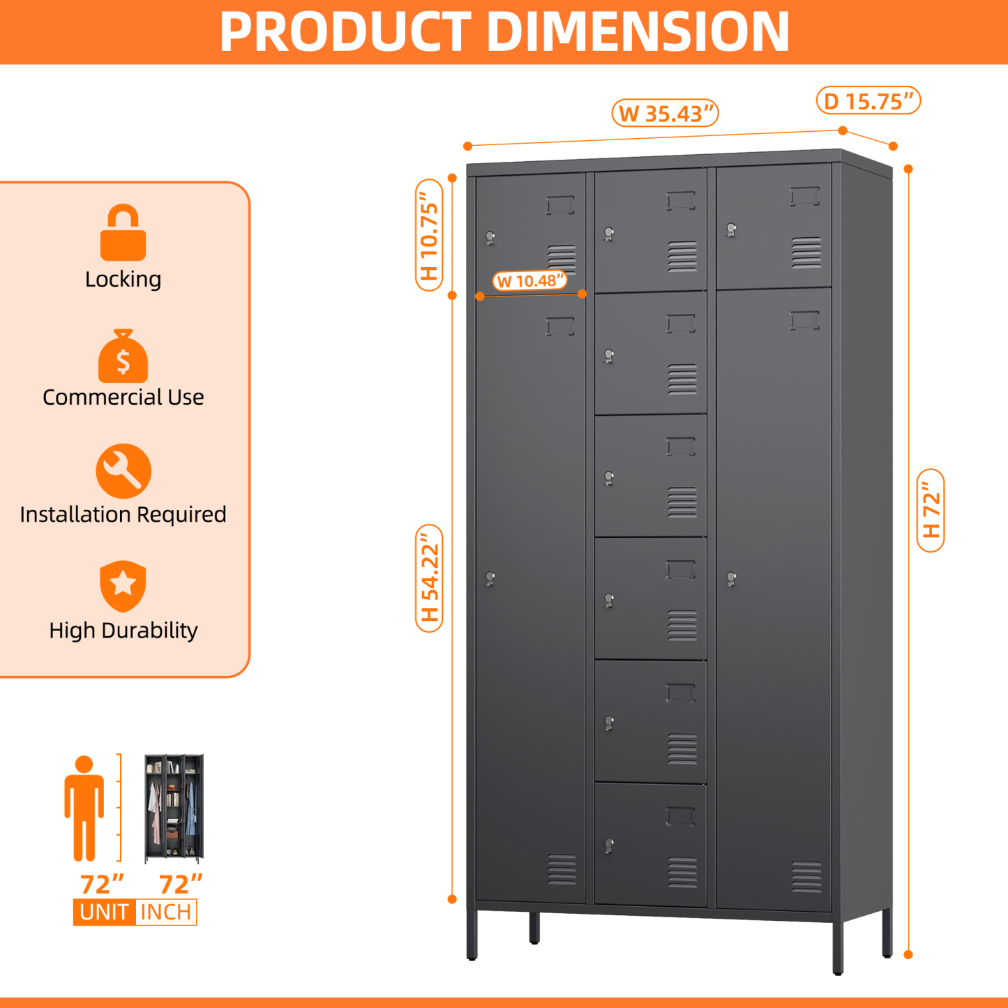 72"H Metal Storage Lockers with 10 Doors,2 Big Doors and 8 Small Doors,Dark Grey