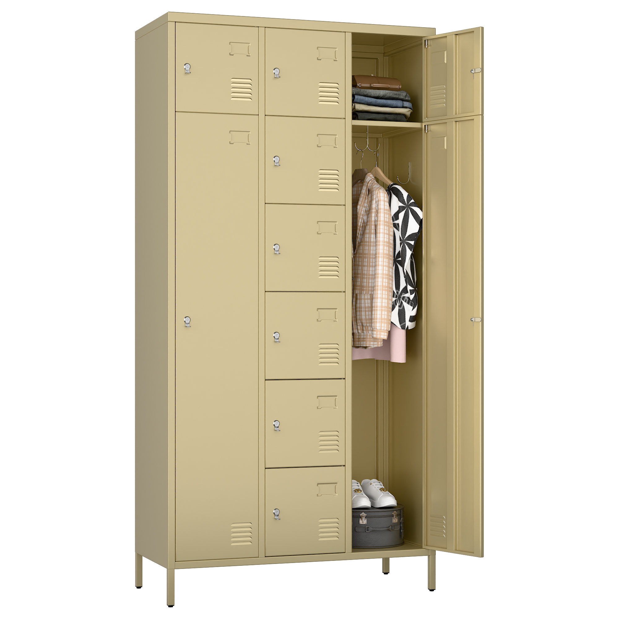 72"H Metal Storage Lockers with 10 Doors,2 Big Doors and 8 Small Doors,Camel