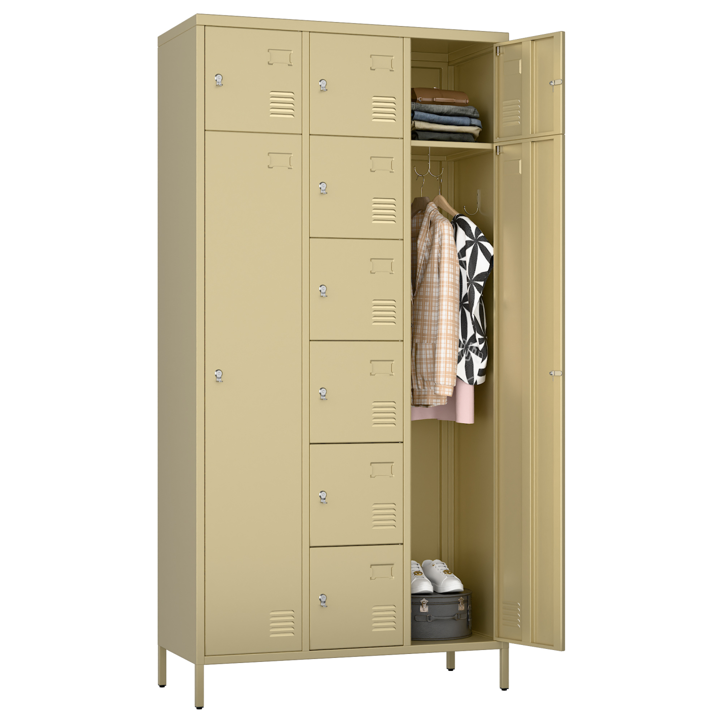 72"H Metal Storage Lockers with 10 Doors,2 Big Doors and 8 Small Doors,Camel