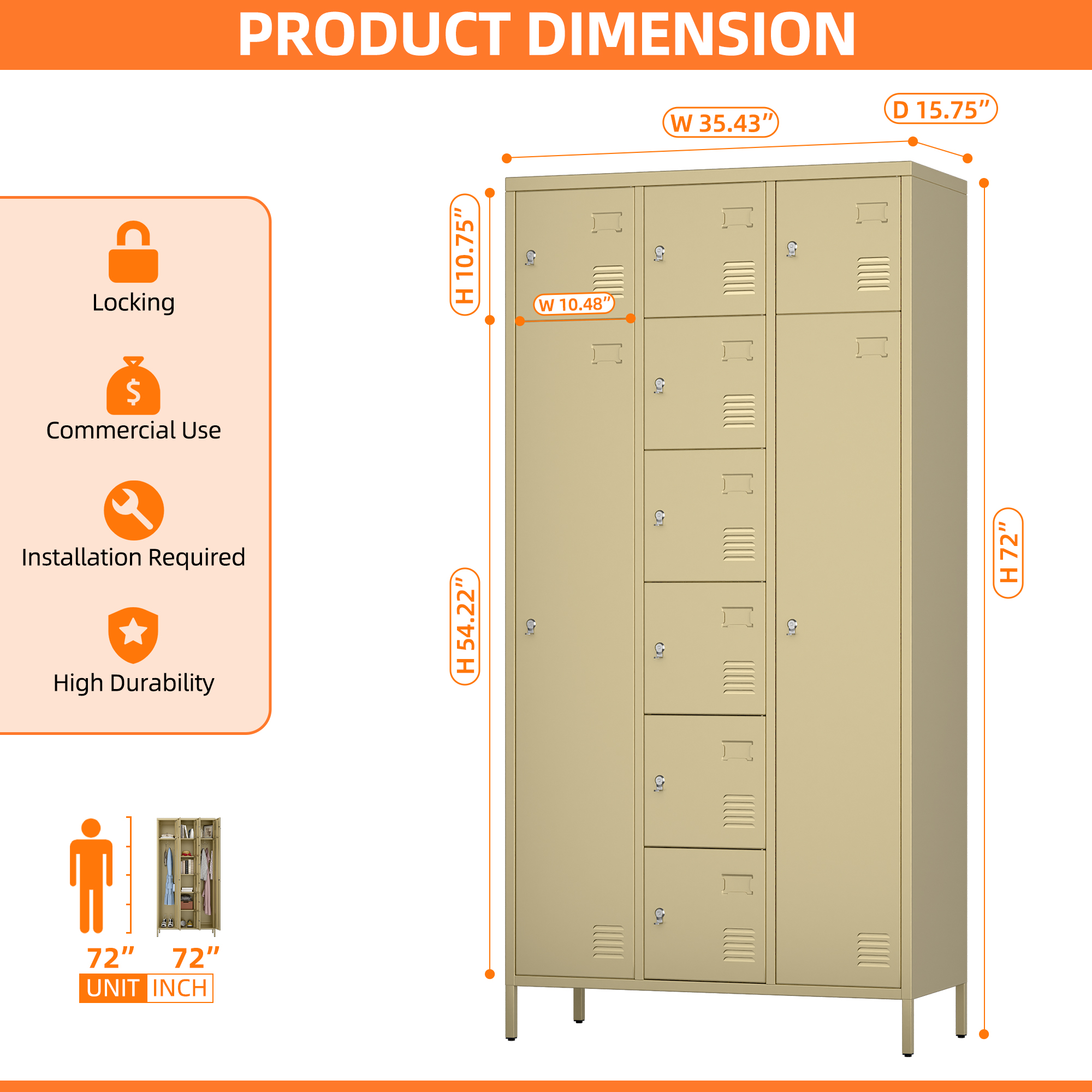 72"H Metal Storage Lockers with 10 Doors,2 Big Doors and 8 Small Doors,Camel