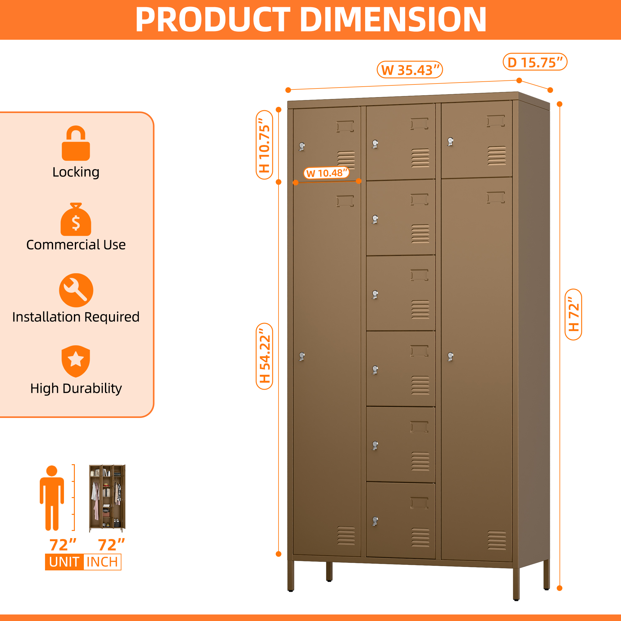 72"H Metal Storage Lockers with 10 Doors,2 Big Doors and 8 Small Doors,Coffee