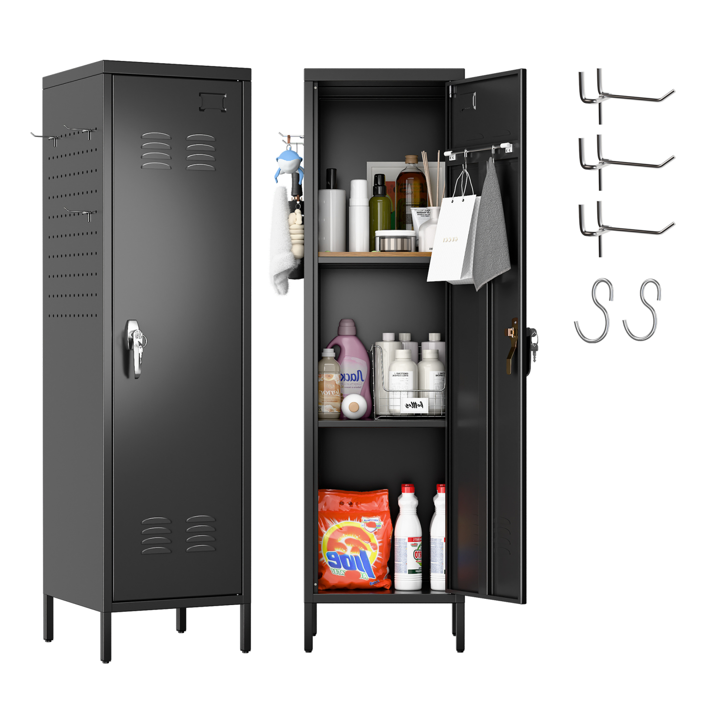 Metal Storage Locker with Pegboard,Black
