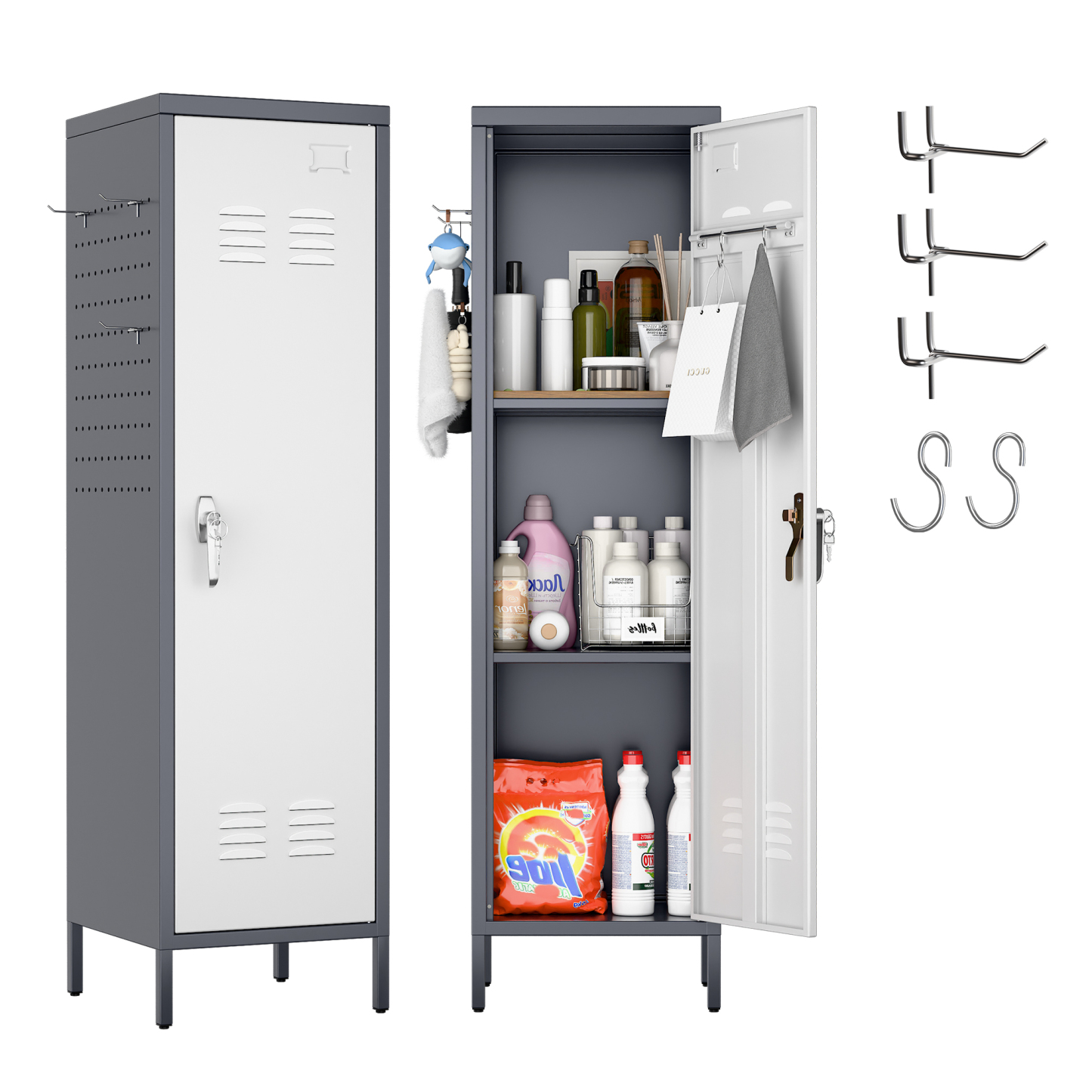 Metal Storage Locker with Pegboard,Grey&White