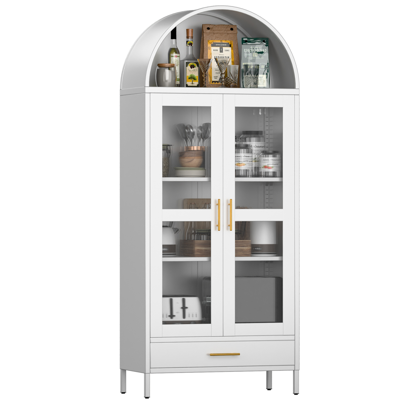 Metal Arched Cabinet with Glass Doors and Drawer,White