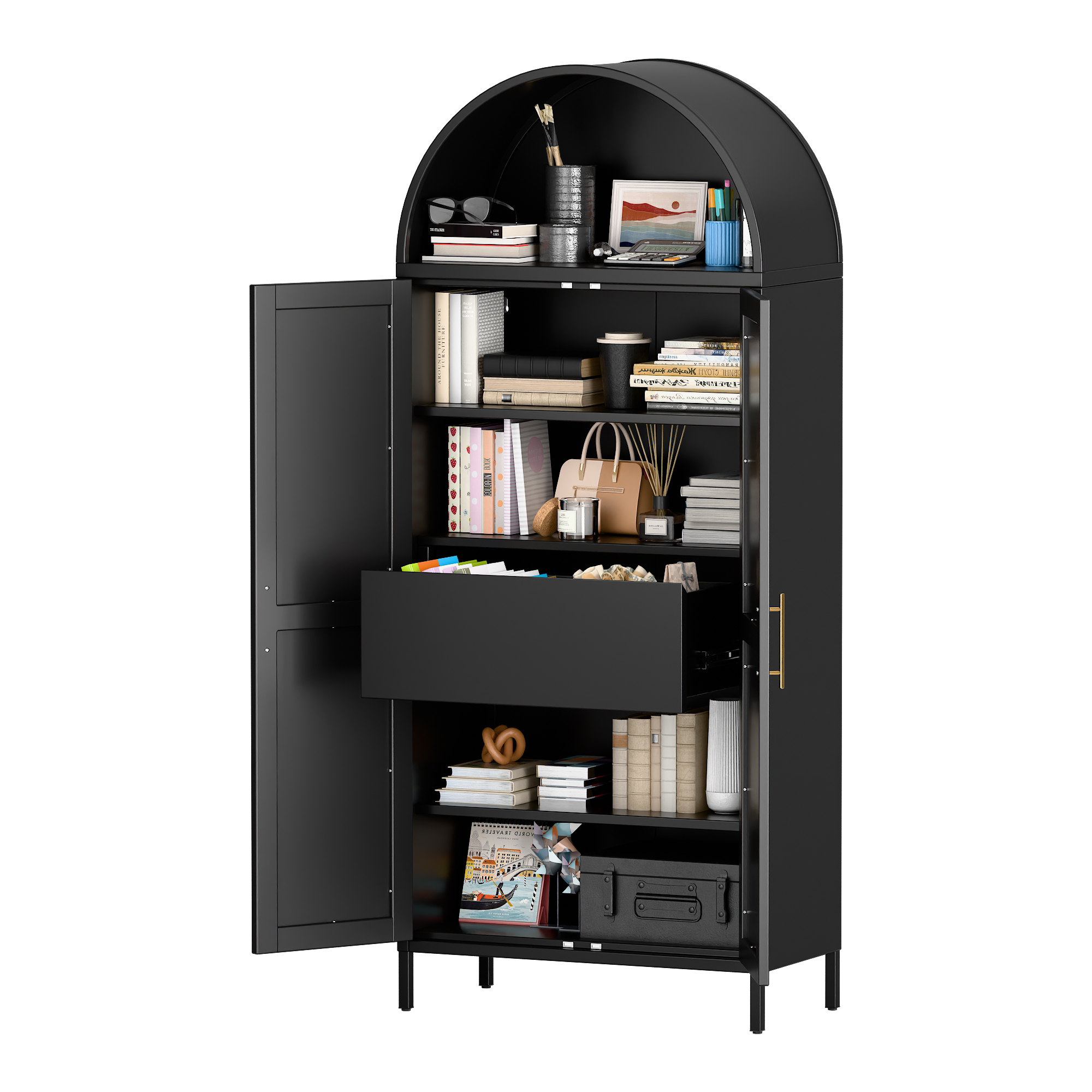 72.8"H Metal Arched Cabinet with 1 Drawer,Assembly Required,Black