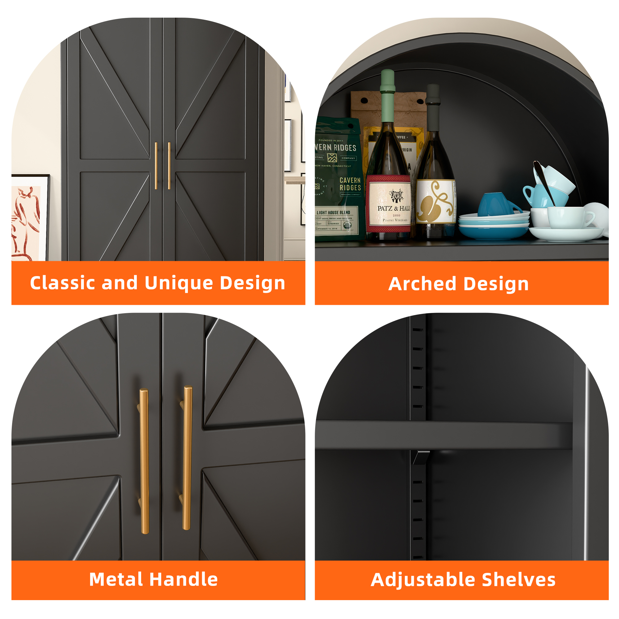 72.8"H Metal Arched Cabinet with 1 Drawer,Assembly Required,Black