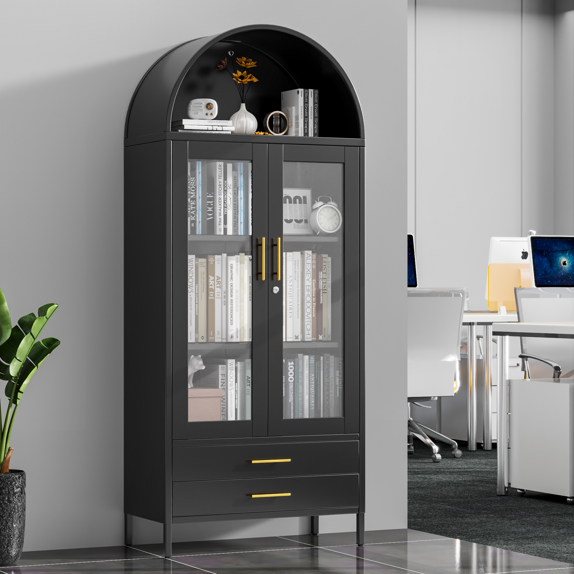 Black Metal Arched Cabinet with Glass Doors and 2 Drawers