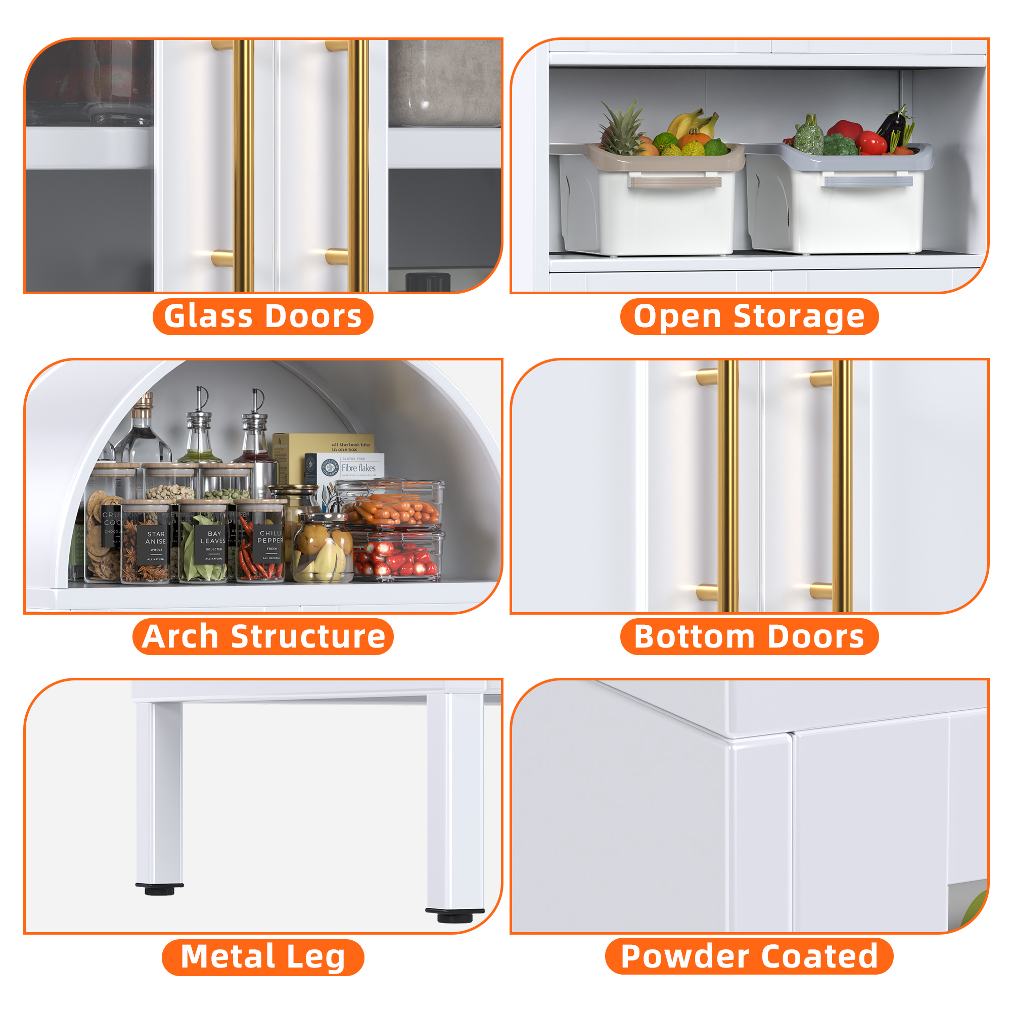 Metal Arched Cabinet with 2 Glass Doors and 2 Metal Doors,Assembly Required,White