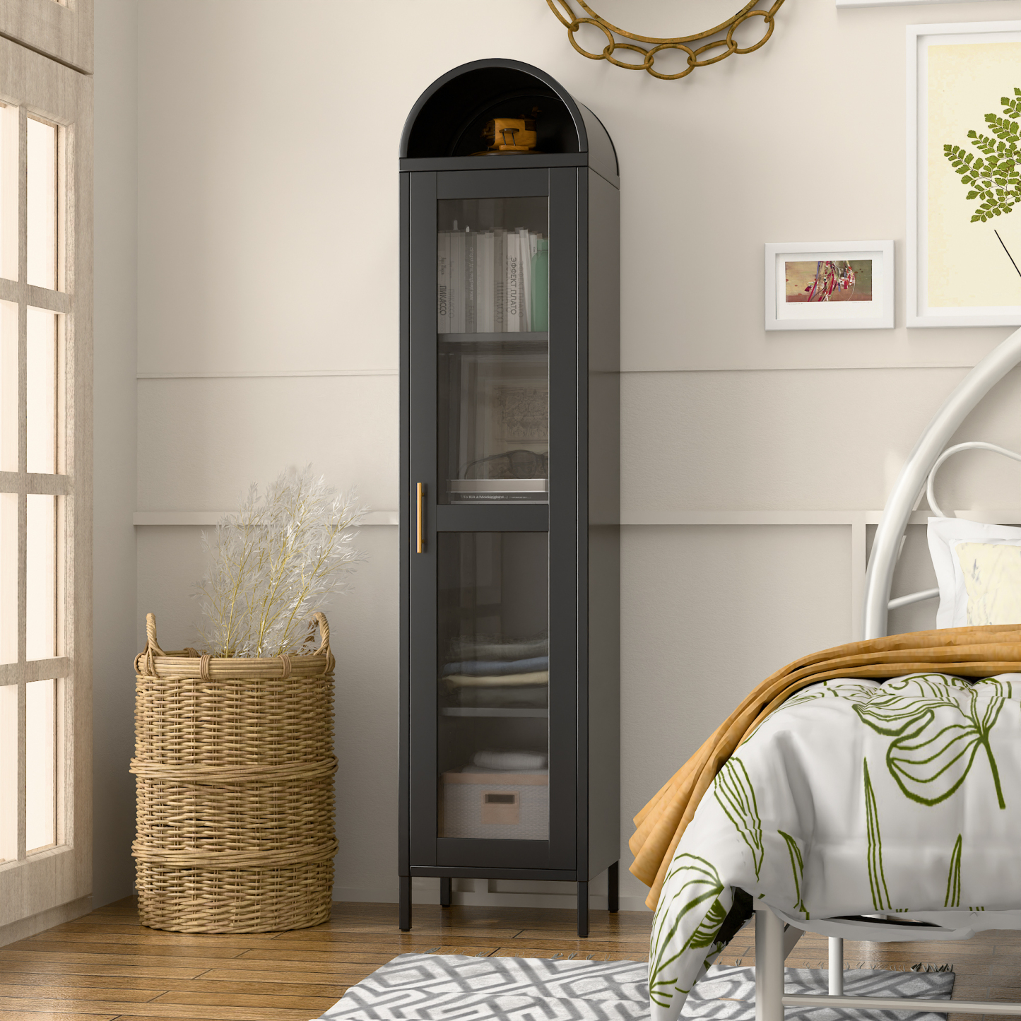 Arch Bookcase with 1 Glass Door/Shelves,Assembly Required (Black)