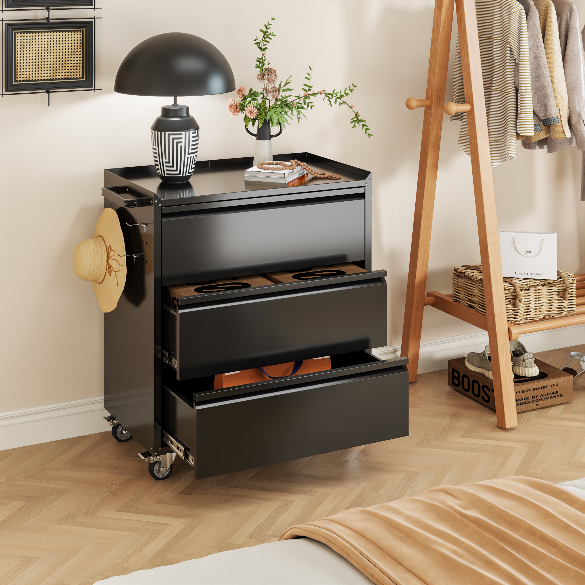 Aobabo 35''H Garage Storage Cabinet  with Wheels and 3 Drawers,Black