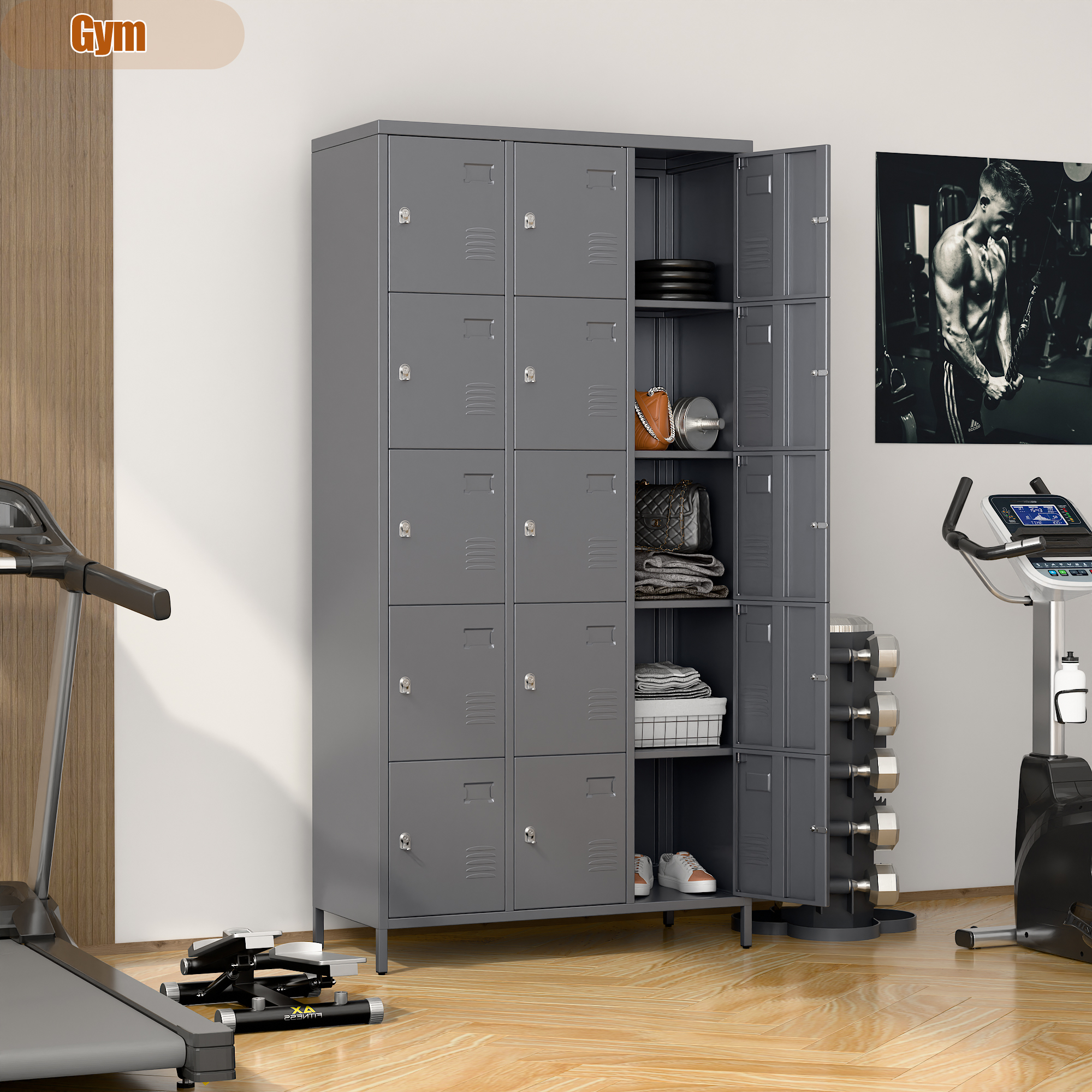 Aobabo 15 Doors Metal Storage Locker for Employees,Dark Grey