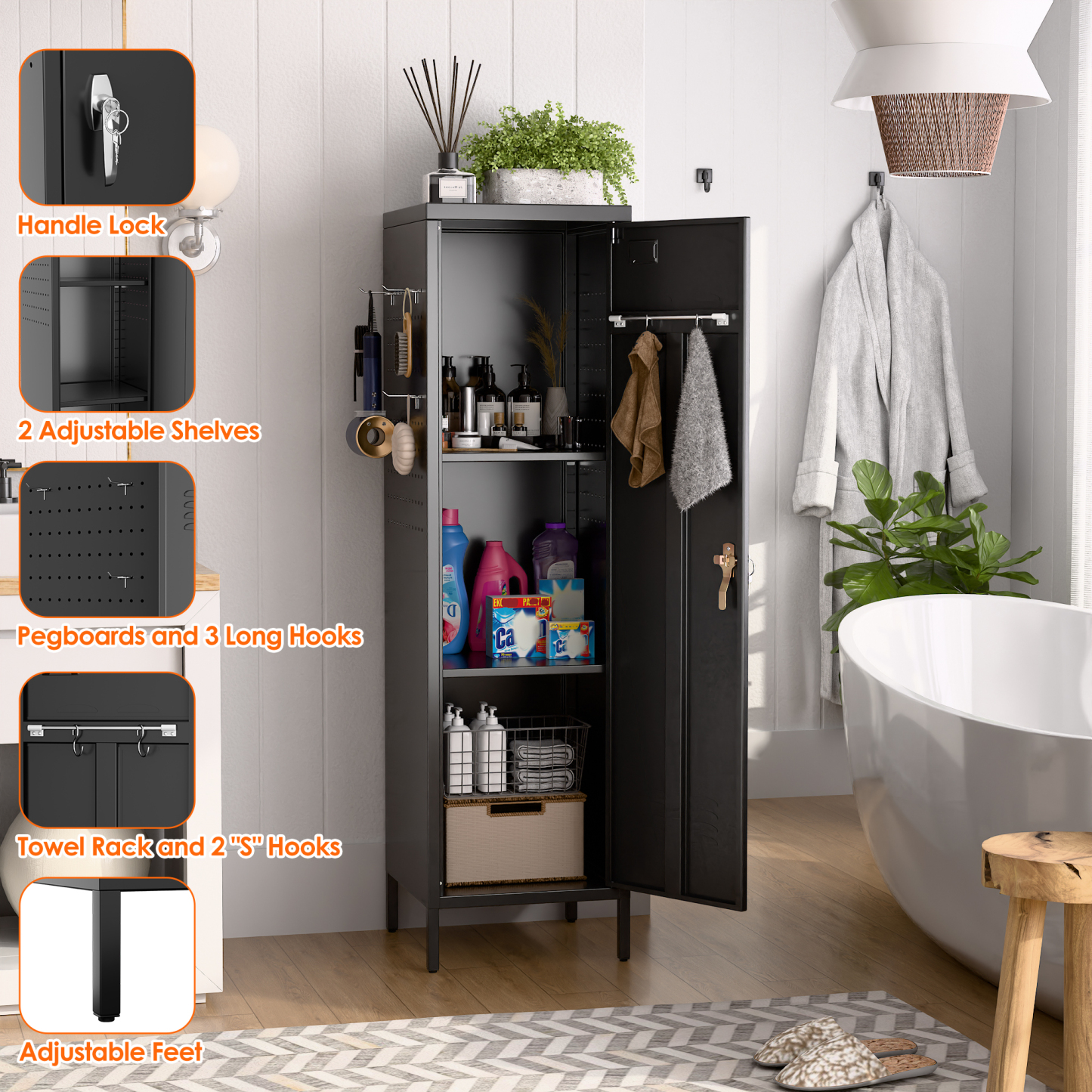 Metal Storage Locker with Pegboard,Black