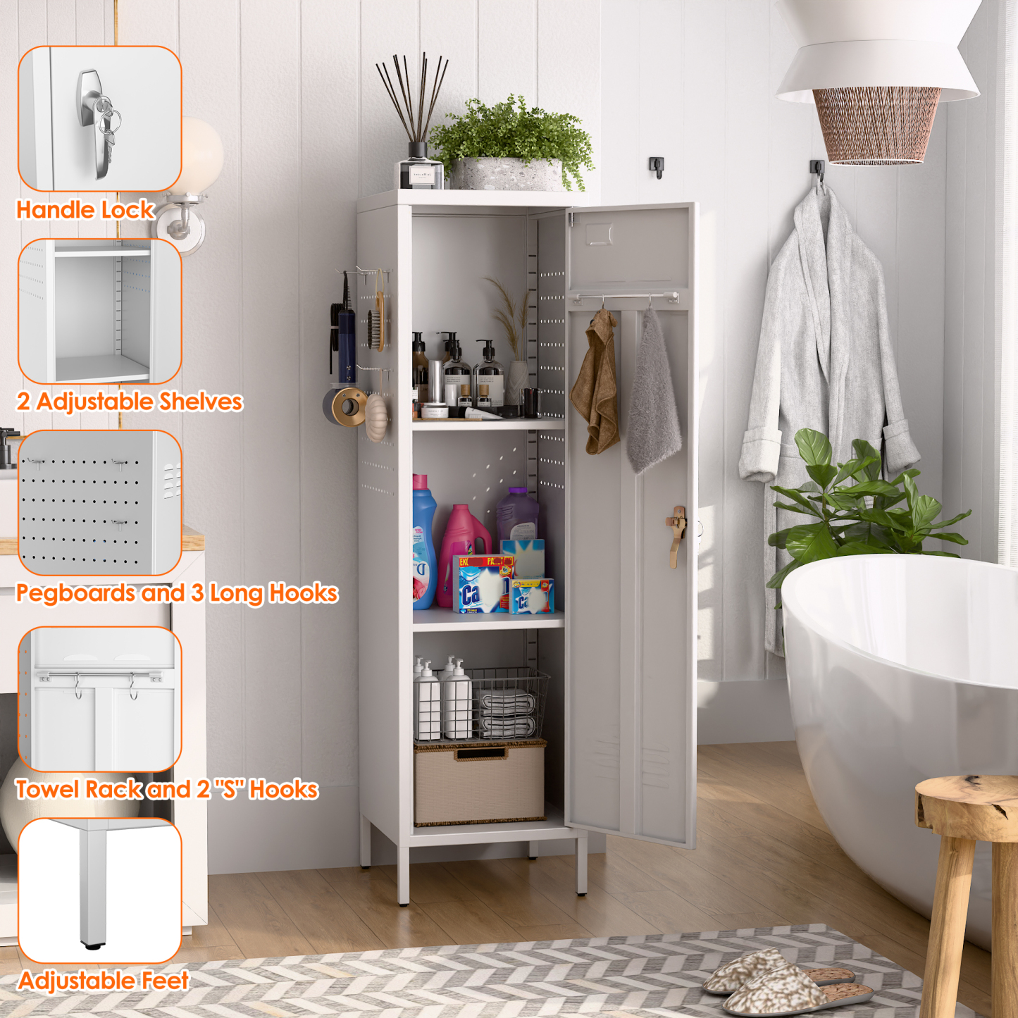 Metal Storage Locker with Pegboard,White