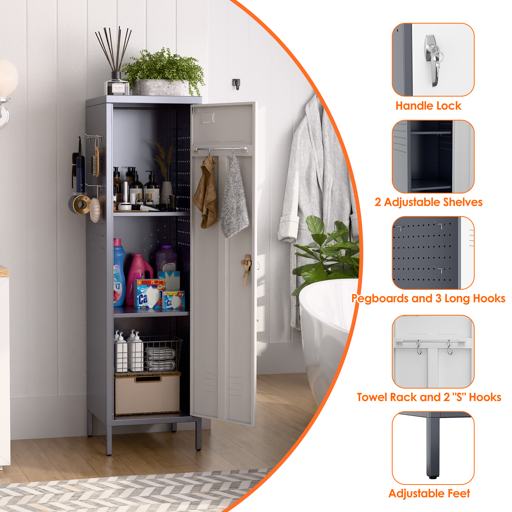 Metal Storage Locker with Pegboard,Grey&White