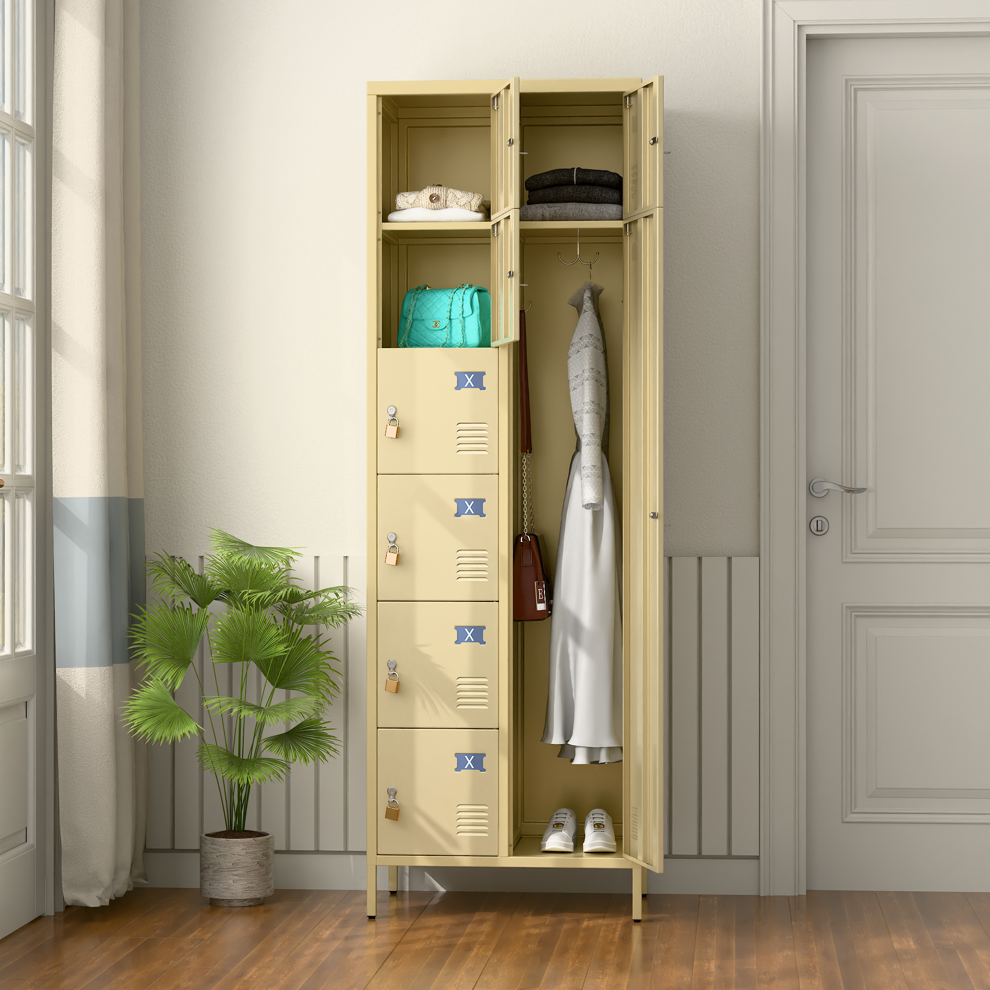 72" H Metal Storage Lockers with 8 Doors(7 Small +1 Big Doors),Camel